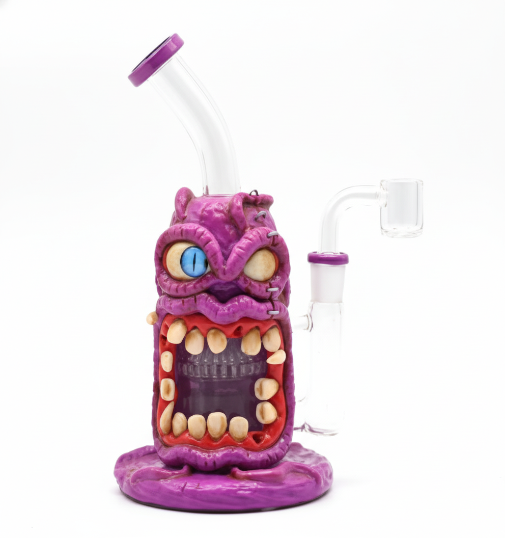 STRAIGHT BONG – Purple monster with mismatched eyes and big teeth – PURPLE
