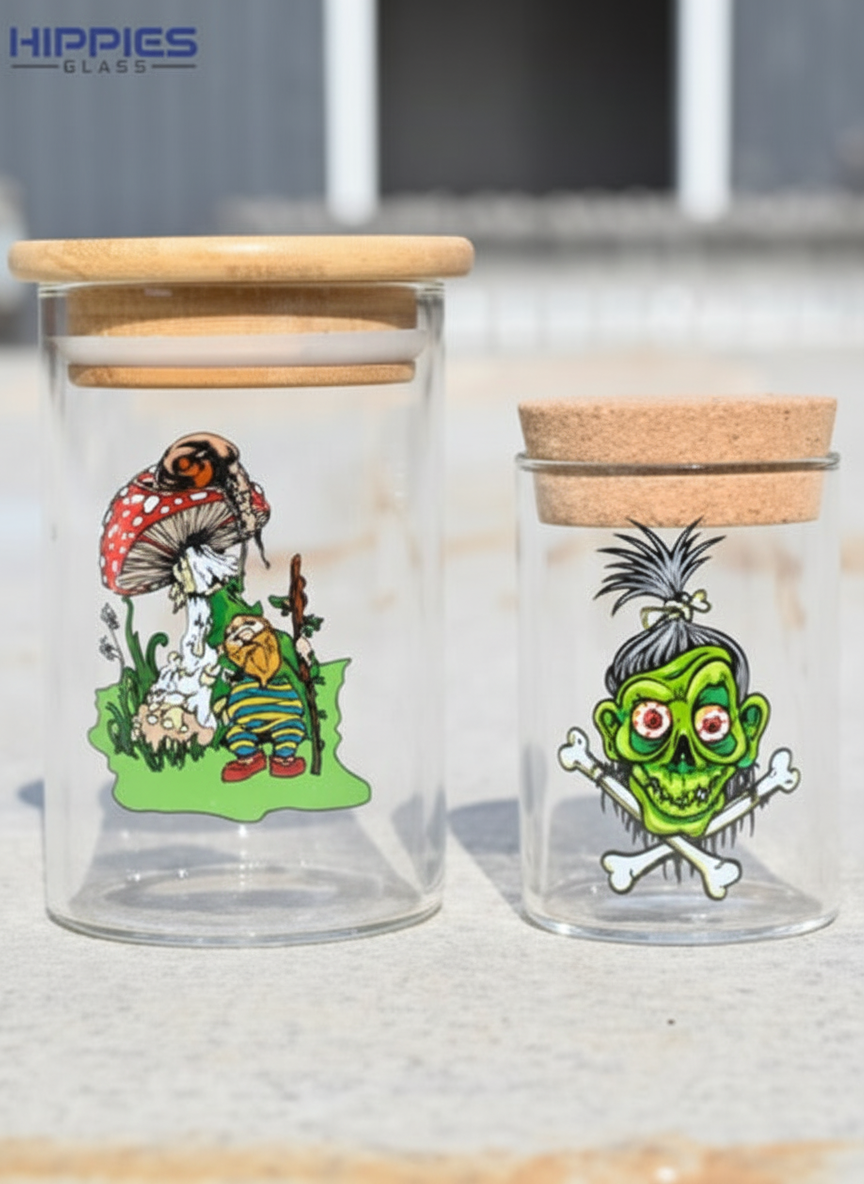 JAR – Clear jars with gnome under mushroom and green skulls – CLEAR