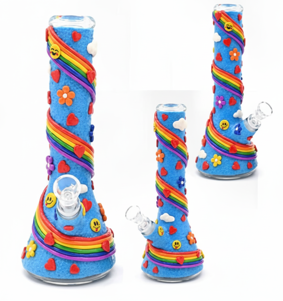 BEAKER BONG – Blue bong with rainbow swirl, hearts and smiley faces – BLUE