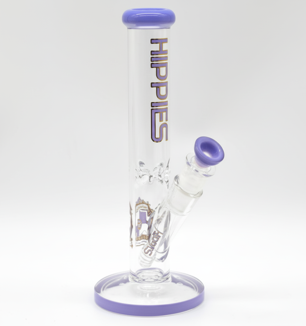 STRAIGHT BONG – Clear with lavender and 'HIPPIES' text – PURPLE