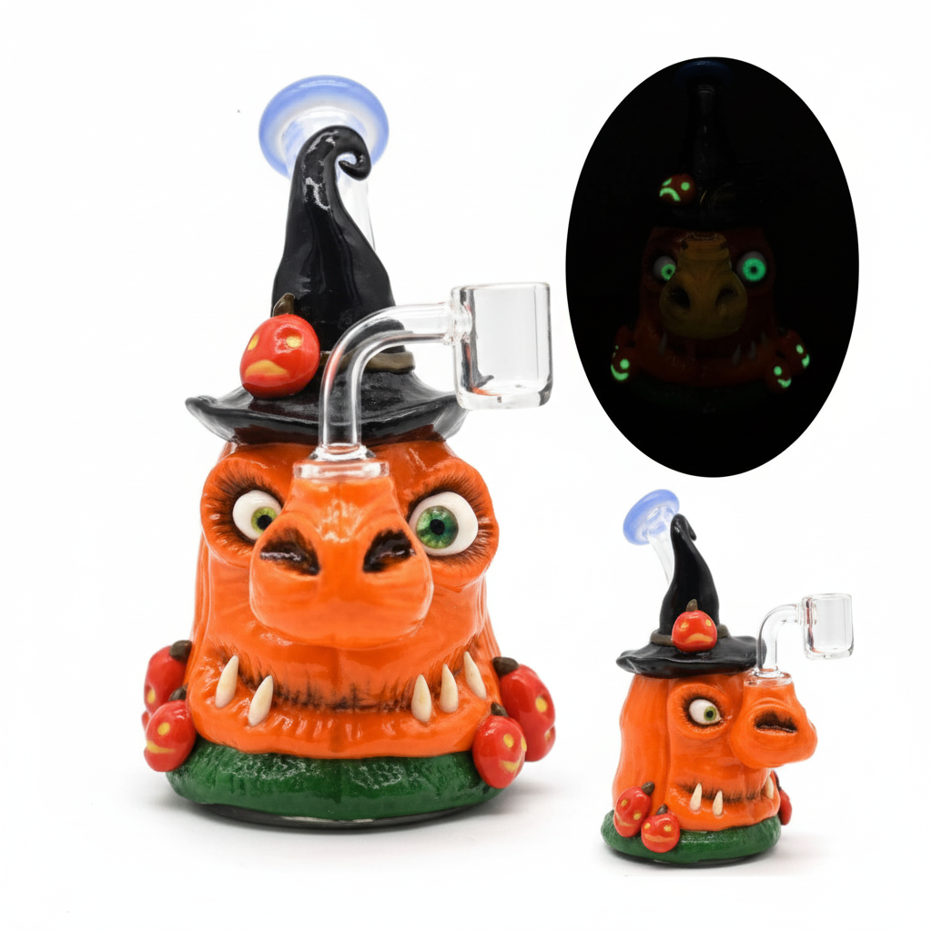 BUBBLER BONG GITD – Orange monster with witch hat and mushrooms – ORANGE