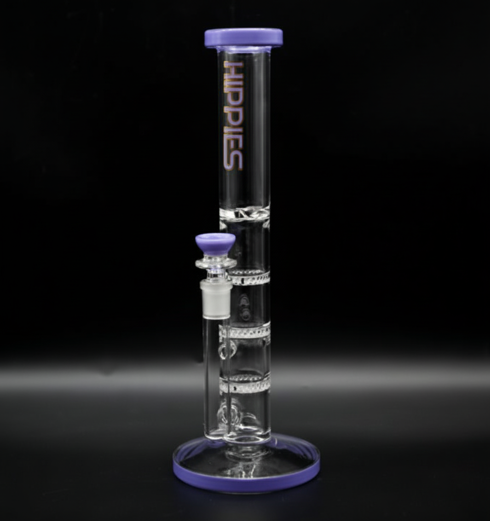 STRAIGHT BONG – Clear with purple percolators and 'HIPPIES' text – PURPLE