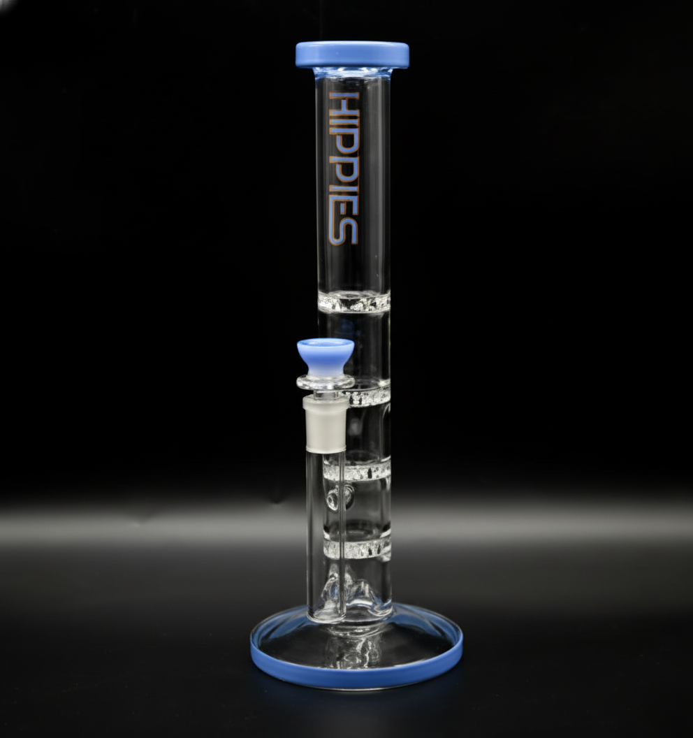 STRAIGHT BONG – Clear with blue percolators and 'HIPPIES' text – BLUE