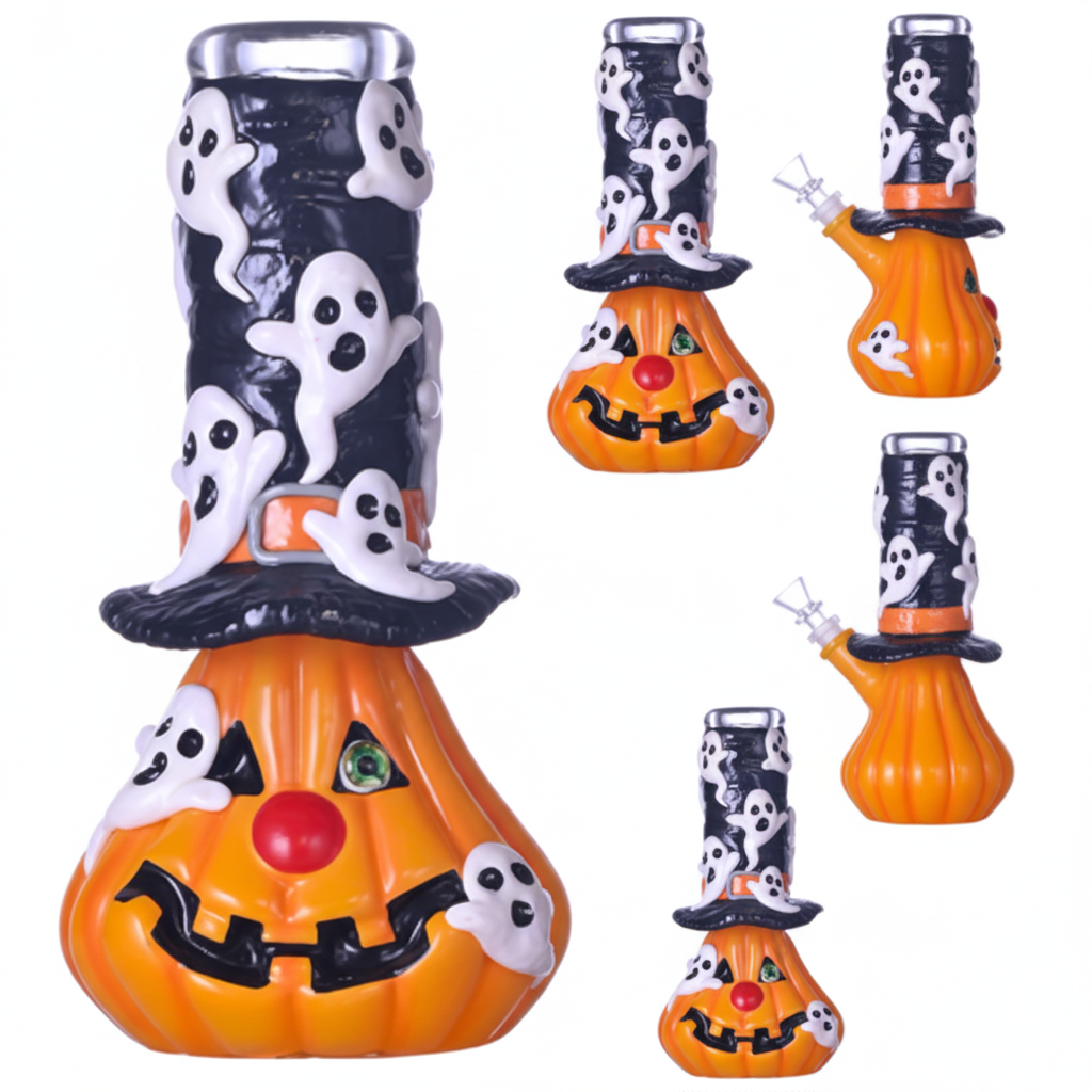 STRAIGHT BONG – Pumpkin jack‑o'‑lantern with ghost-covered top hat – ORANGE