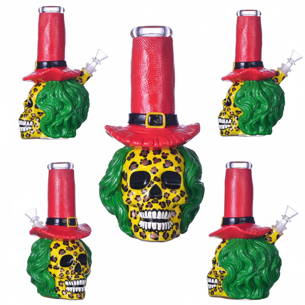 STRAIGHT BONG – Leopard‑print skull with green hair and red top hat – MULTICOLOR