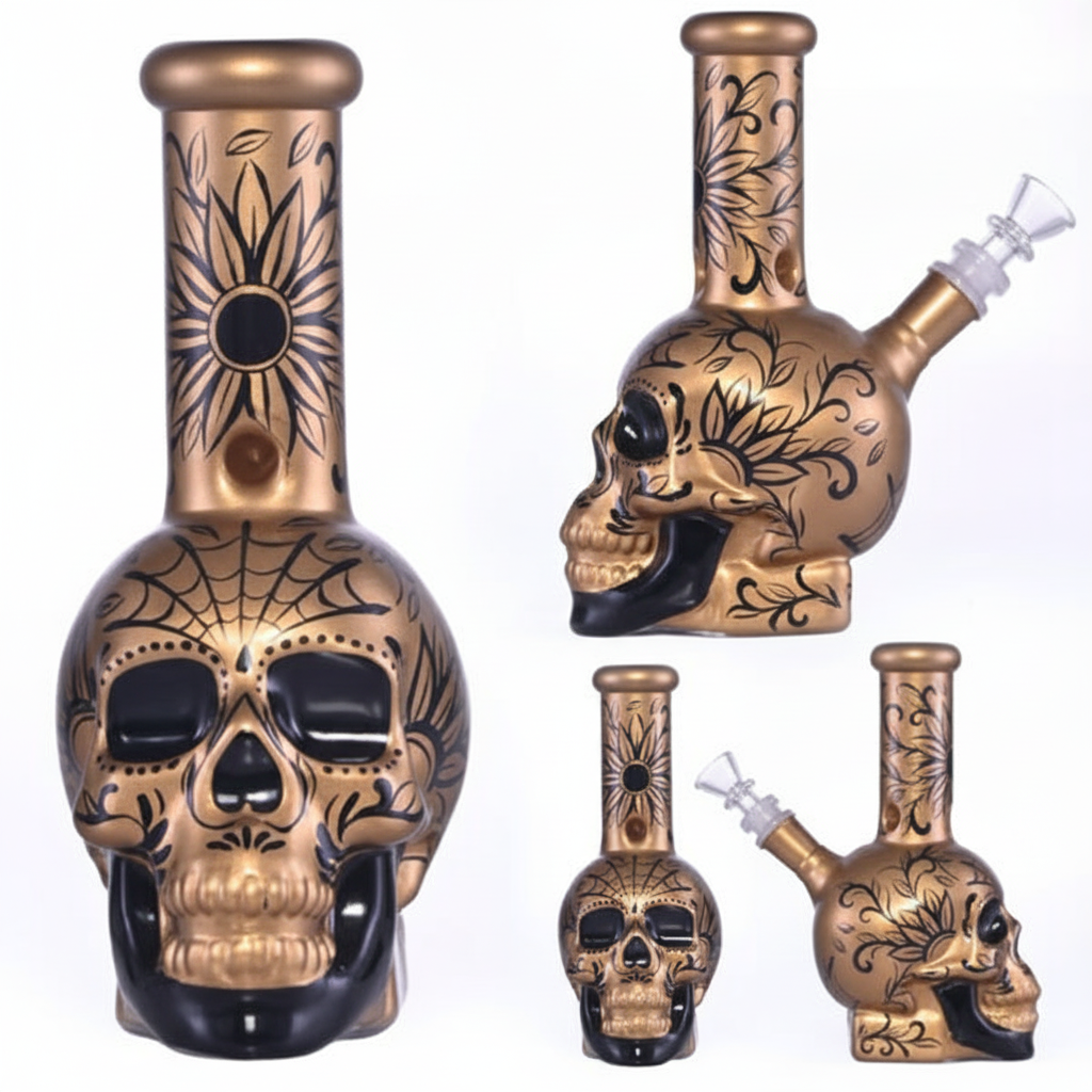 STRAIGHT BONG – Gold skull with black floral and spiderwebs – GOLD