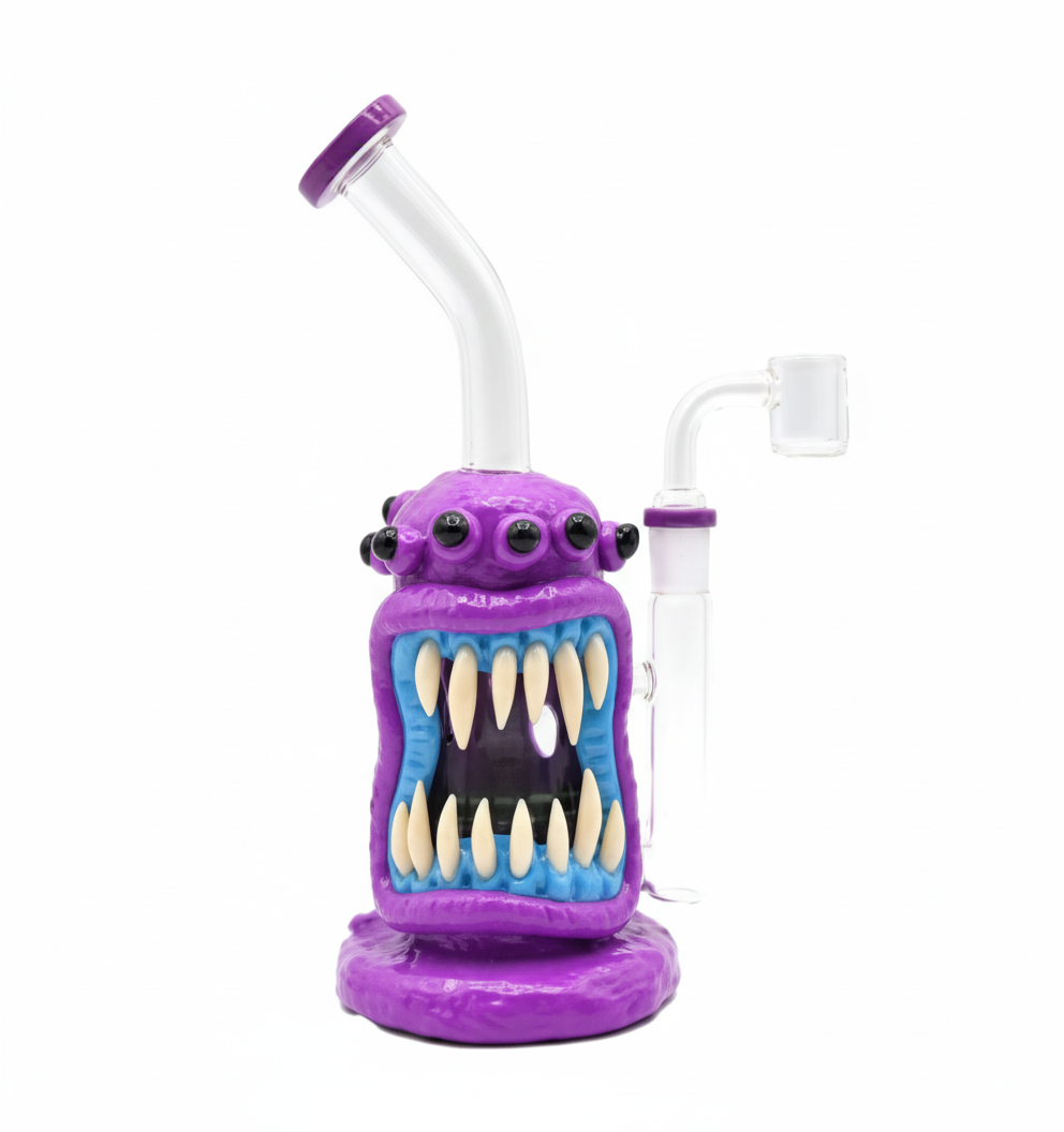 STRAIGHT BONG – Purple multi‑eyed monster with big teeth – PURPLE
