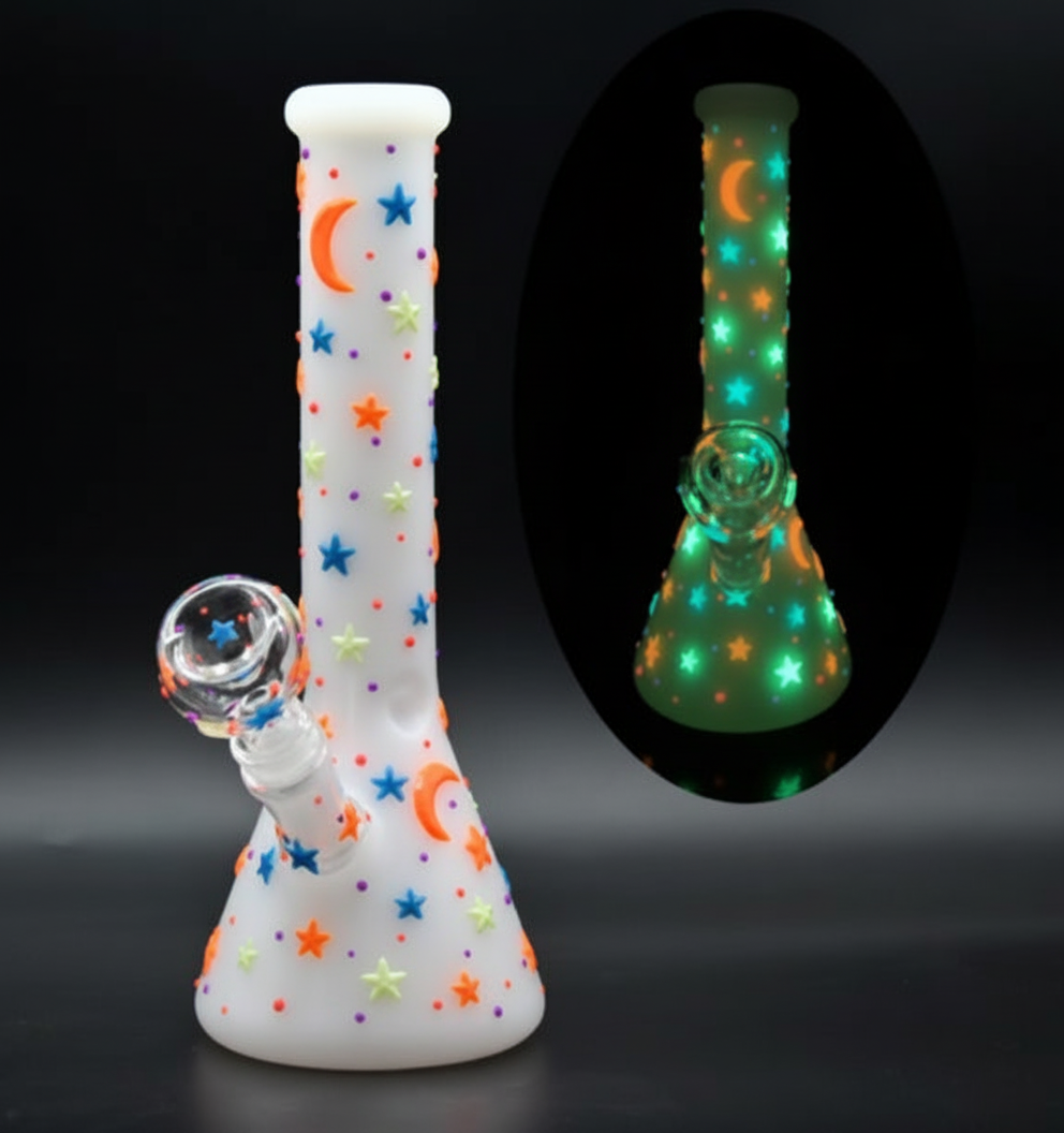 BEAKER BONG GITD – GITD stars and moon – WHITE