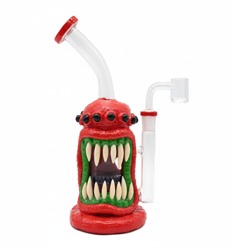 STRAIGHT BONG – Red multi‑eyed monster with big open mouth – RED
