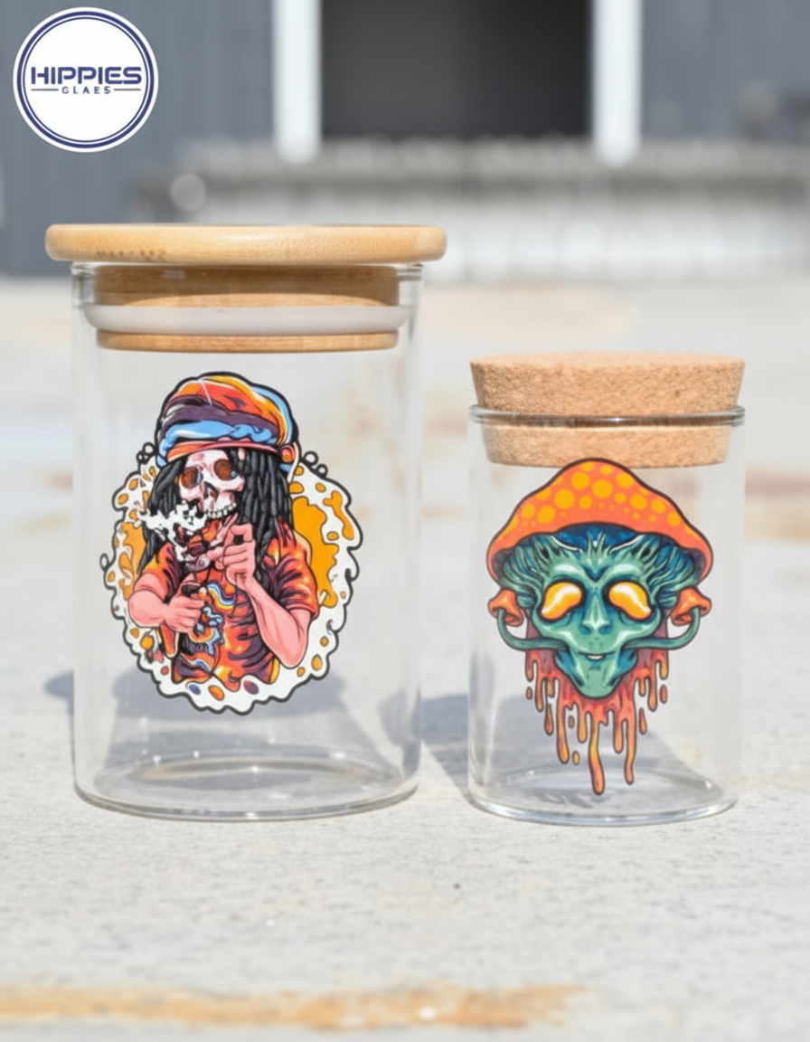 JAR – Clear jars with hippie smoking and alien mushrooms – CLEAR