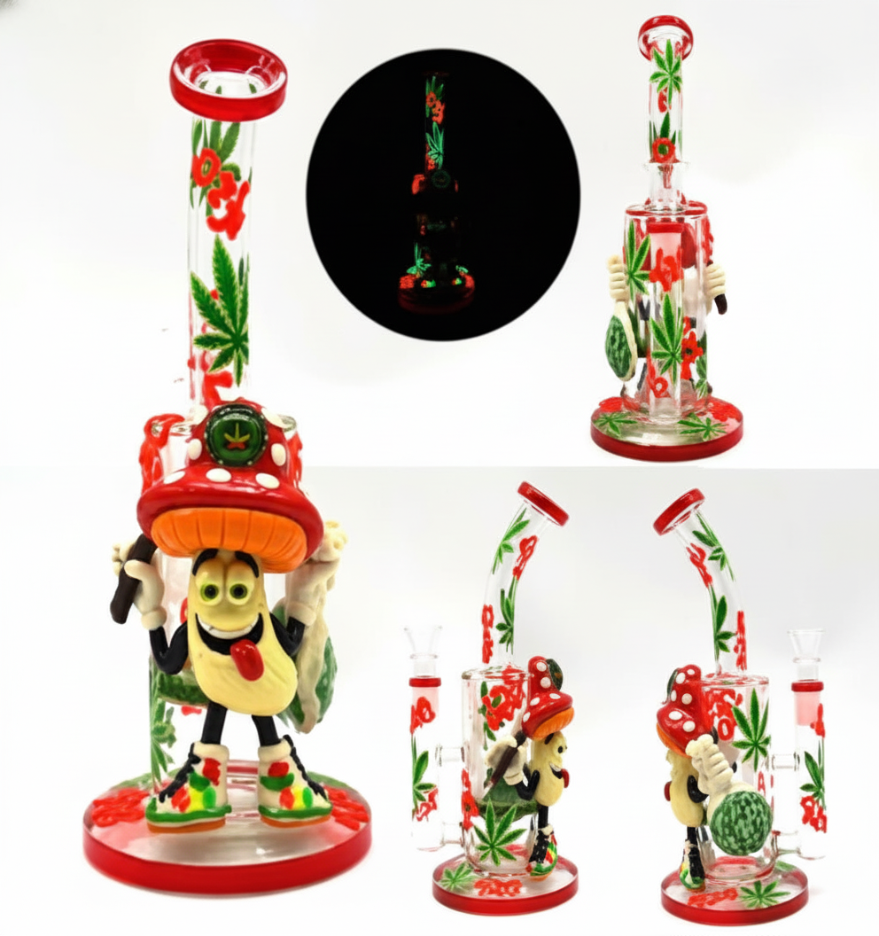 STRAIGHT BONG – Cartoon stoner with mushroom hat and cannabis leaves – RED