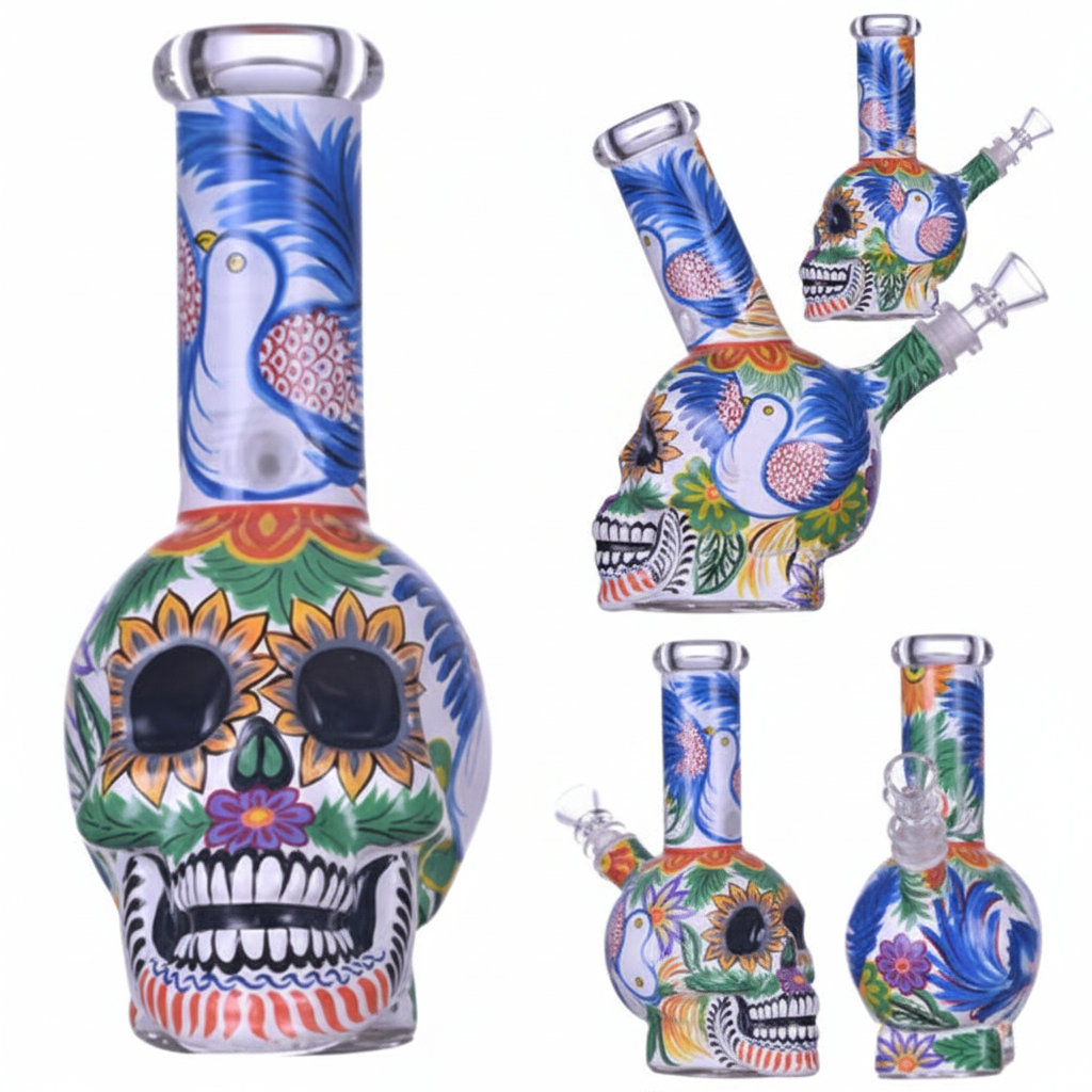 STRAIGHT BONG – Sugar skull with peacock and floral – MULTICOLOR