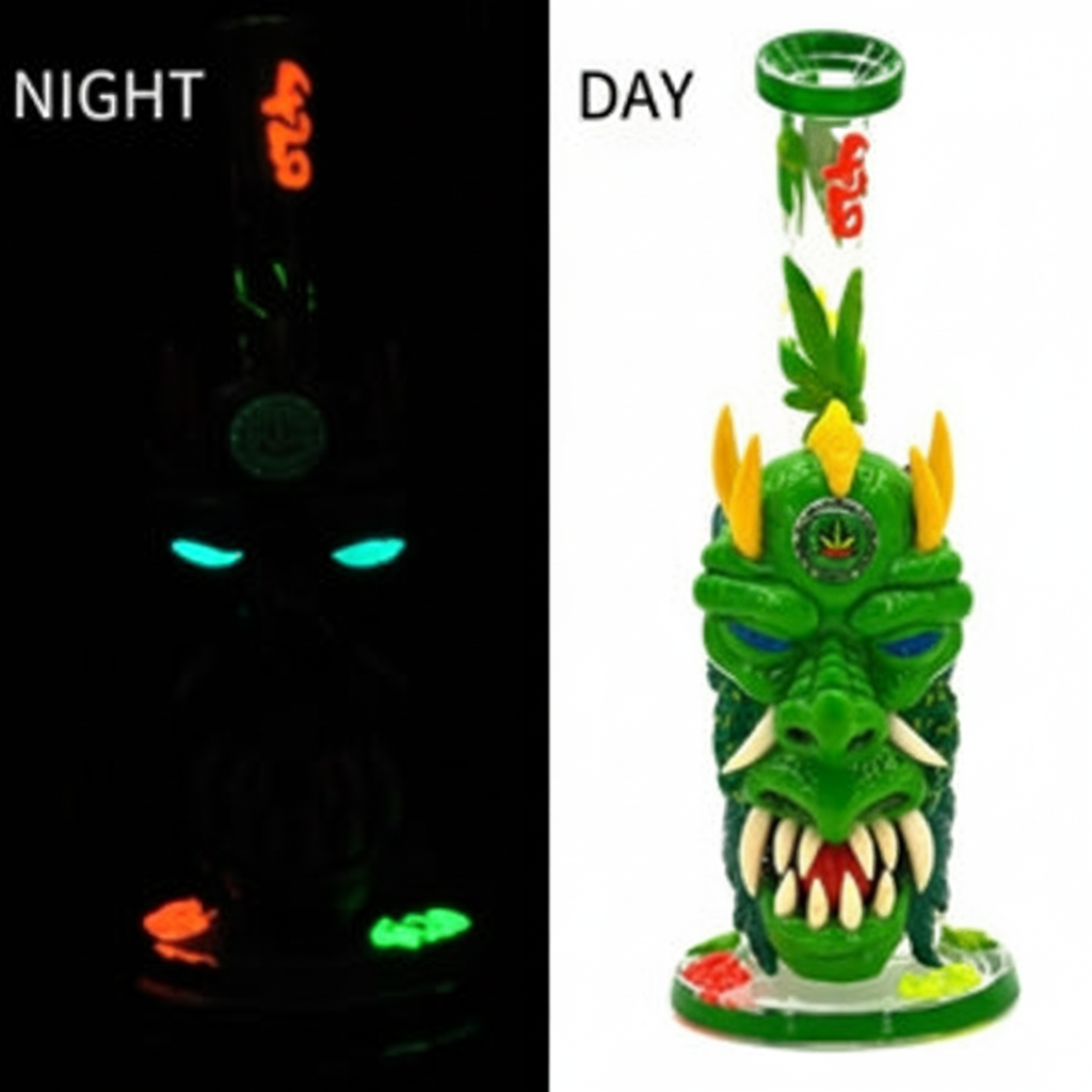 STRAIGHT BONG – Green dragon head with horns and cannabis leaf – GREEN