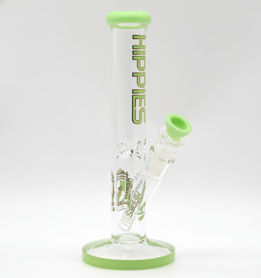 STRAIGHT BONG – Clear with light green and 'HIPPIES' text – GREEN