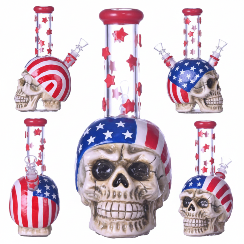 STRAIGHT BONG – Skull wearing U.S. flag stars and stripes – RED