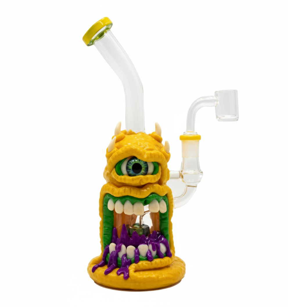 STRAIGHT BONG – One‑eyed yellow monster with dripping purple tongue – YELLOW