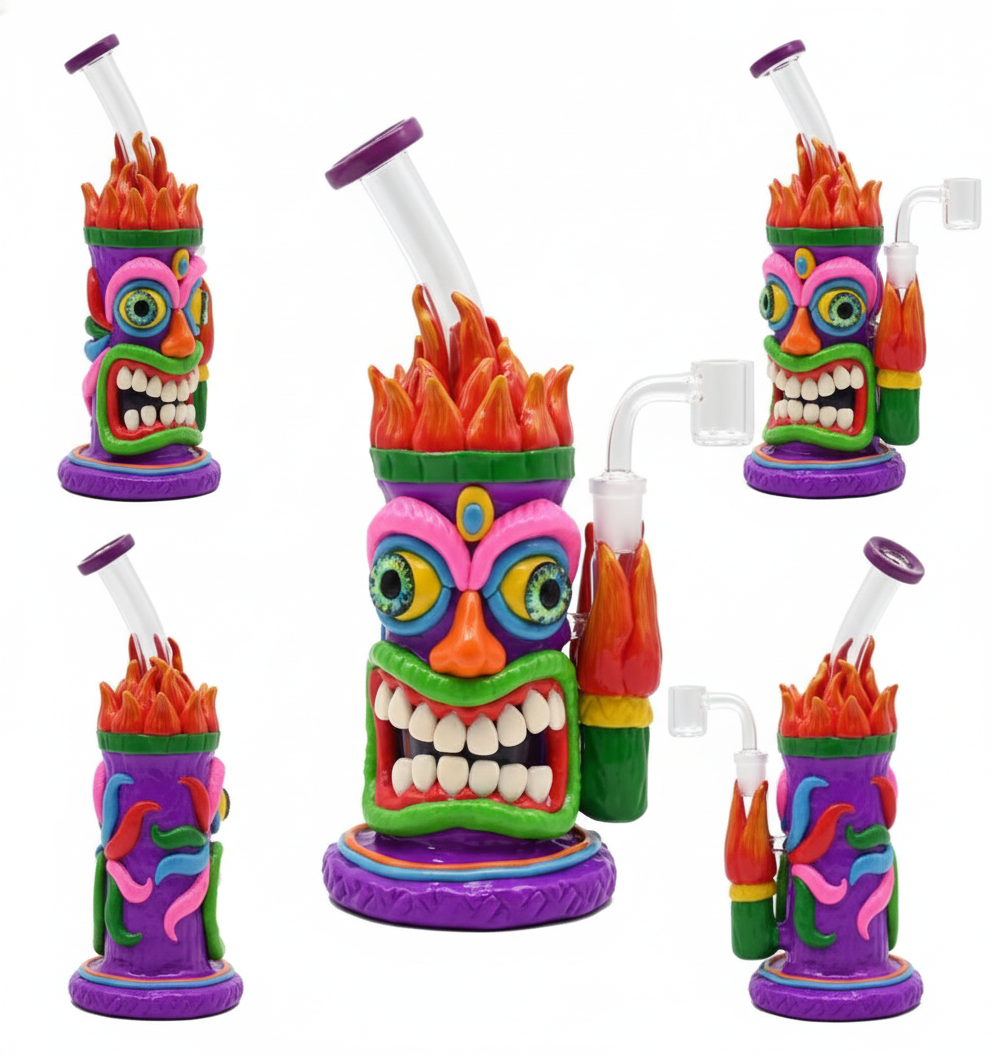 STRAIGHT BONG – Colorful tiki face with flaming hair – MULTICOLOR