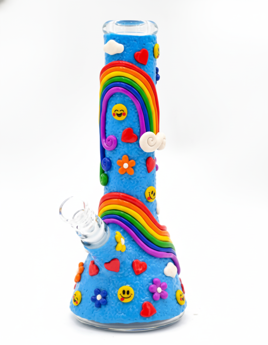 BEAKER BONG – Rainbow with hearts and smiley faces on blue – BLUE