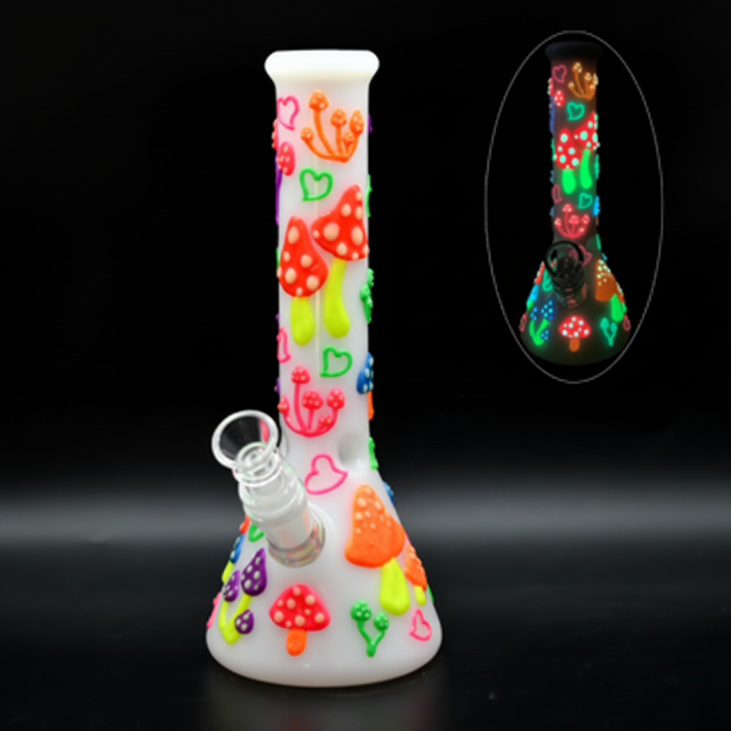 BEAKER BONG – GITD colorful mushrooms and hearts – WHITE