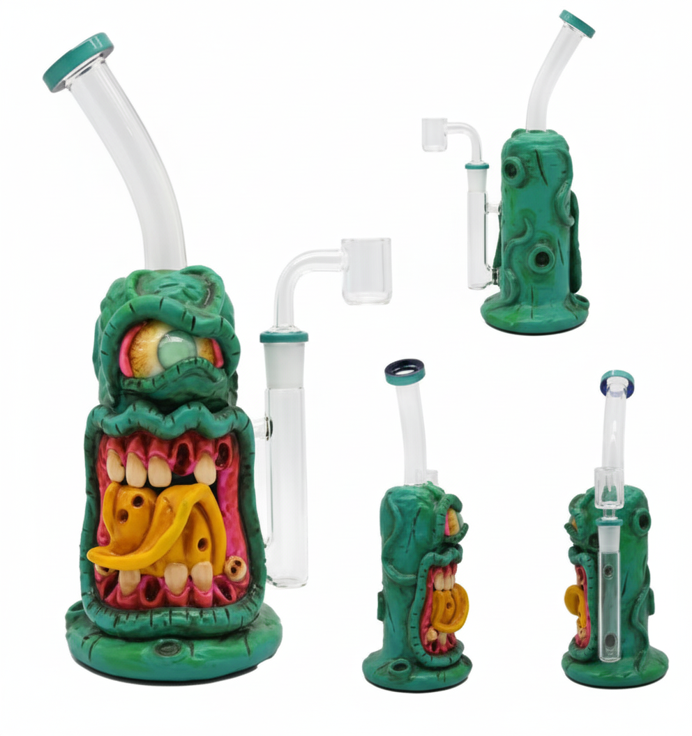 STRAIGHT BONG – Green monster head with slug tongue – GREEN