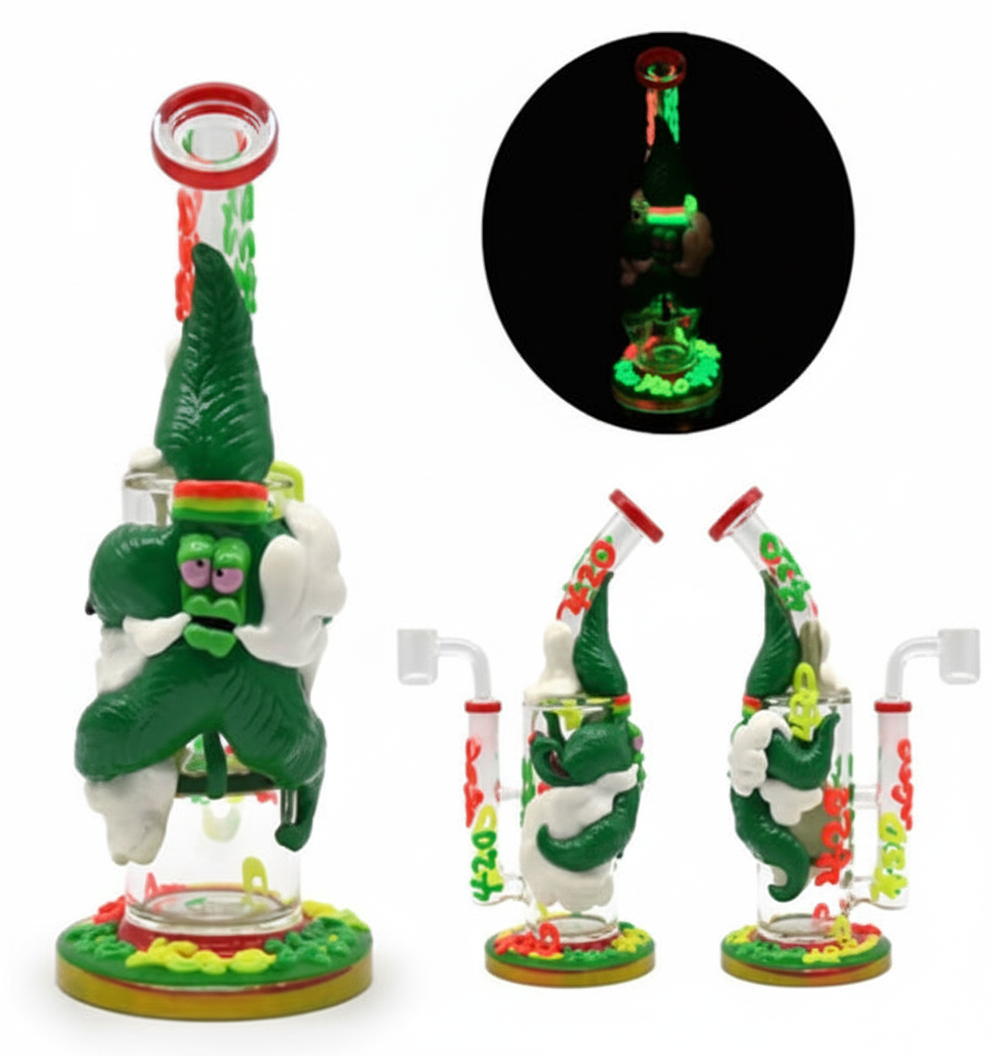 STRAIGHT BONG – Cartoon cannabis leaf with smoke – GREEN