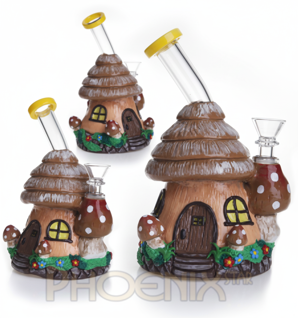 BUBBLER BONG – Mushroom cottage house with windows and flowers – BROWN