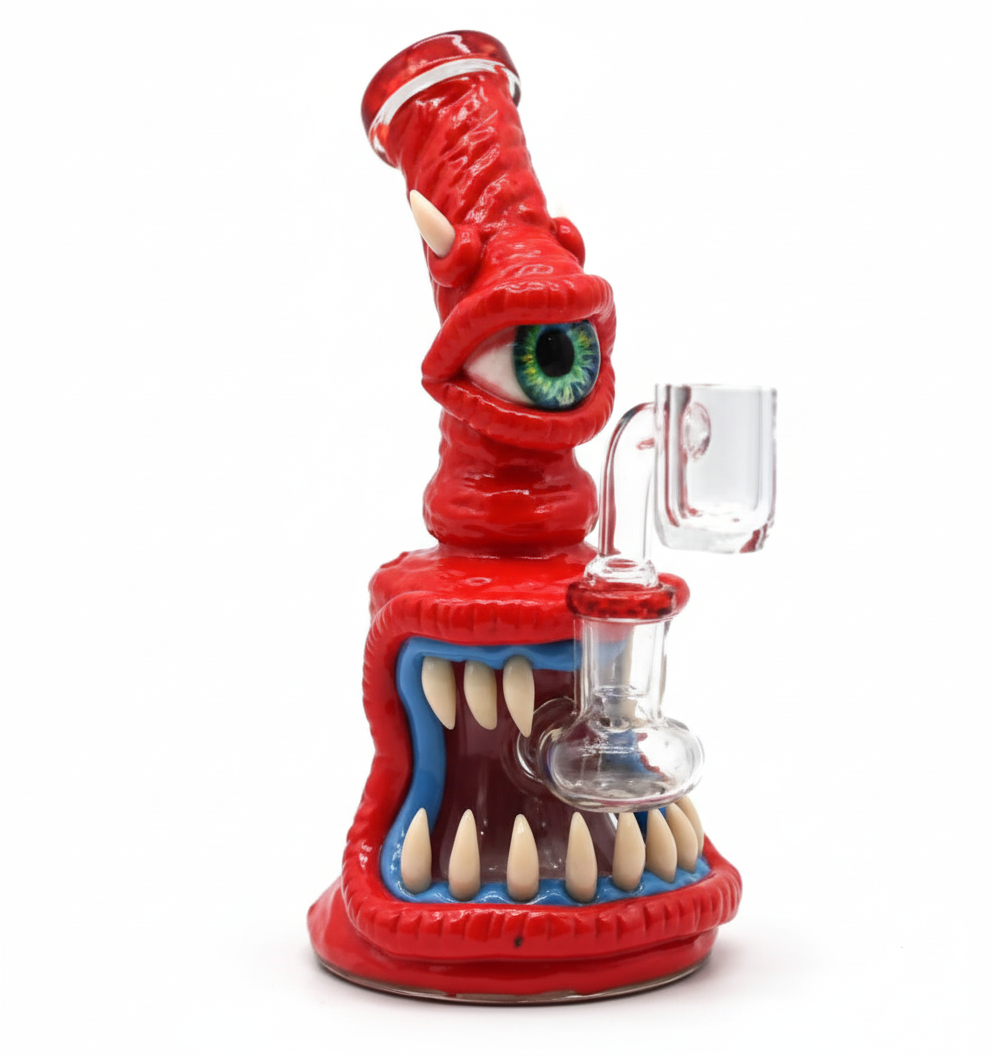 BUBBLER BONG – One‑eyed red monster with sharp teeth – RED