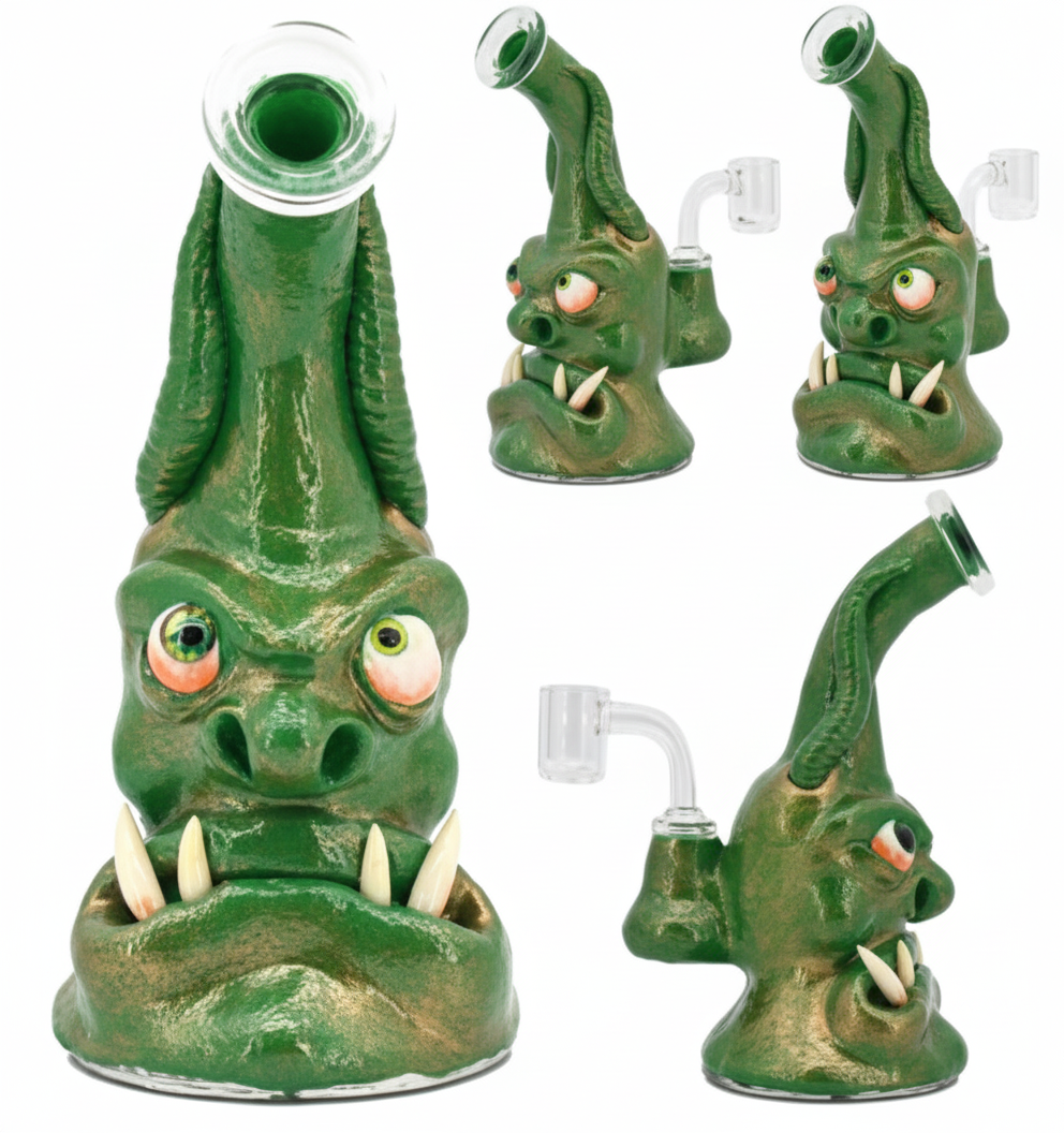 BUBBLER BONG – Green ogre head with tusks and horns – GREEN