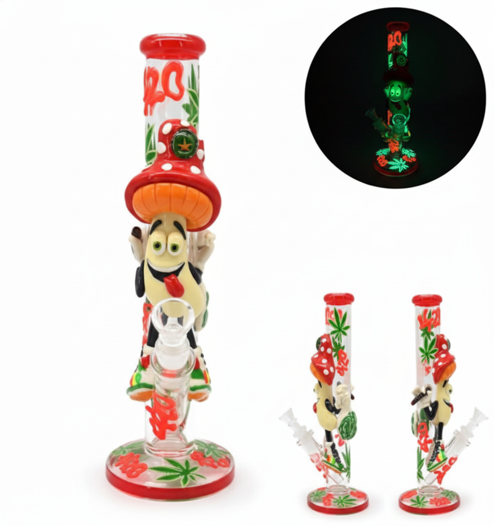 STRAIGHT BONG – Cartoon stoner hugging bong with 420 leaves – RED