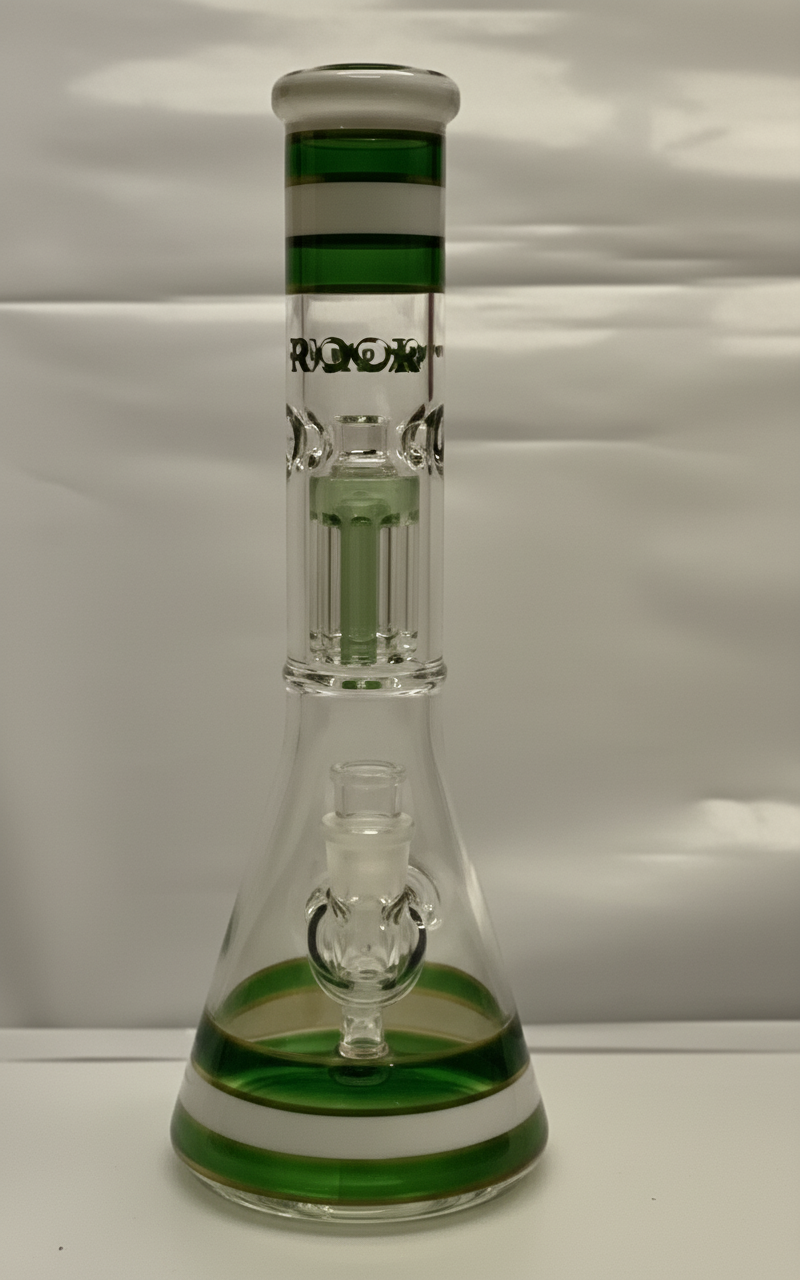 BEAKER BONG - CLEAR WITH GREEN STRIPES AND TREE PERCOLATOR - GREY