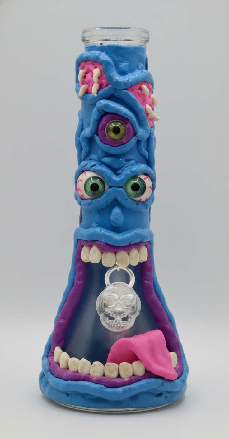 BEAKER BONG - BLUE MULTI-EYED MONSTER WITH OPEN MOUTH AND TONGUE - GREY