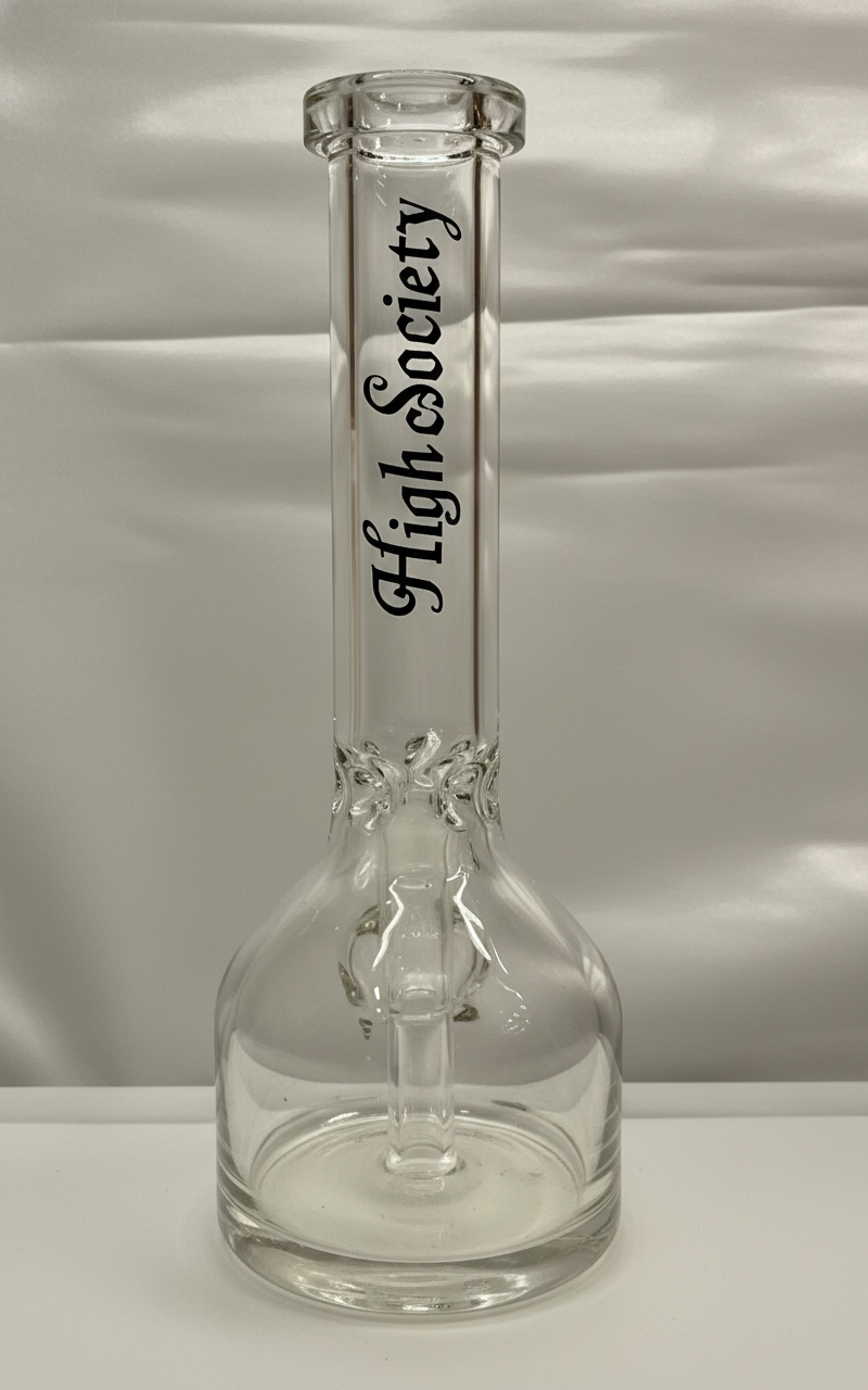 BEAKER BONG - CLEAR WITH VERTICAL 'NUG GLASS' LOGO - GREY