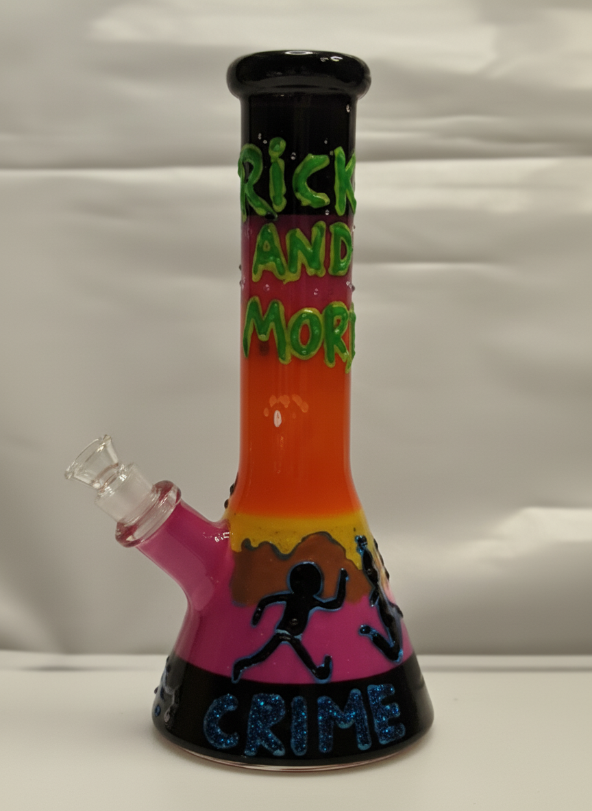 BEAKER BONG - RICK AND MORTY COLOURFUL GRADIENT WITH SILHOUETTES AND TEXT - GREY