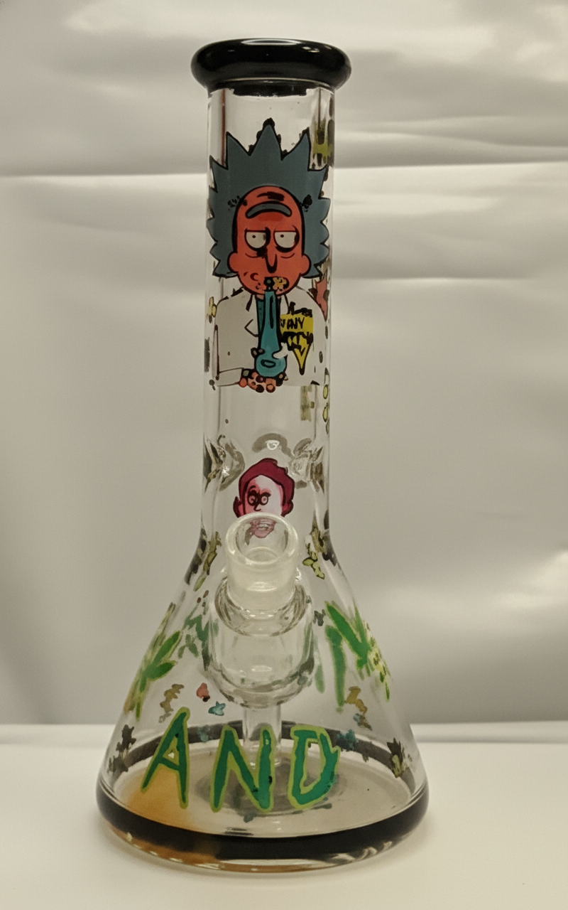 BEAKER BONG - RICK AND MORTY CARTOON CHARACTERS WITH WEED LEAVES - BLUE