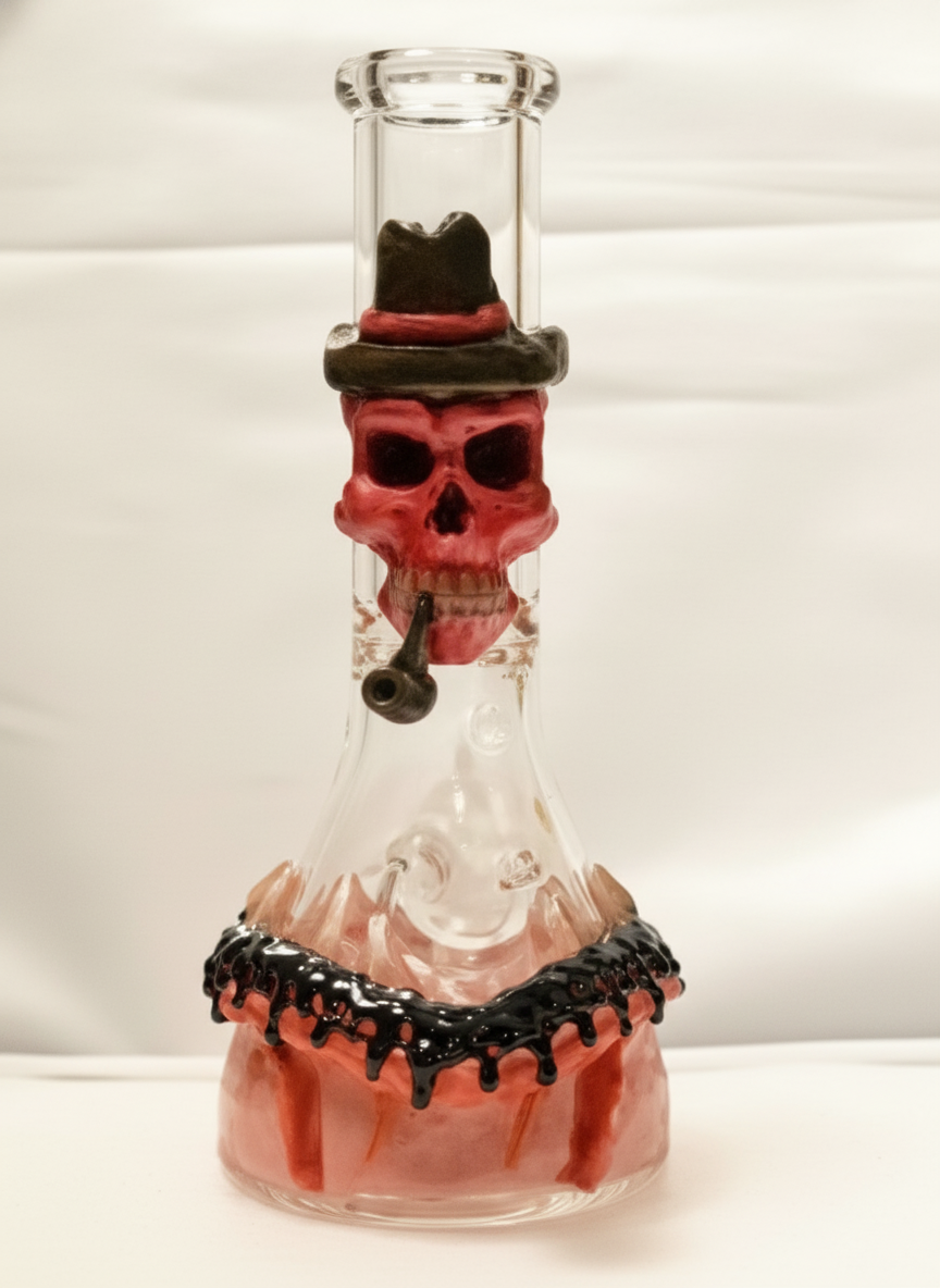 BEAKER BONG - PINK SKULL WITH HAT AND PIPE - PINK