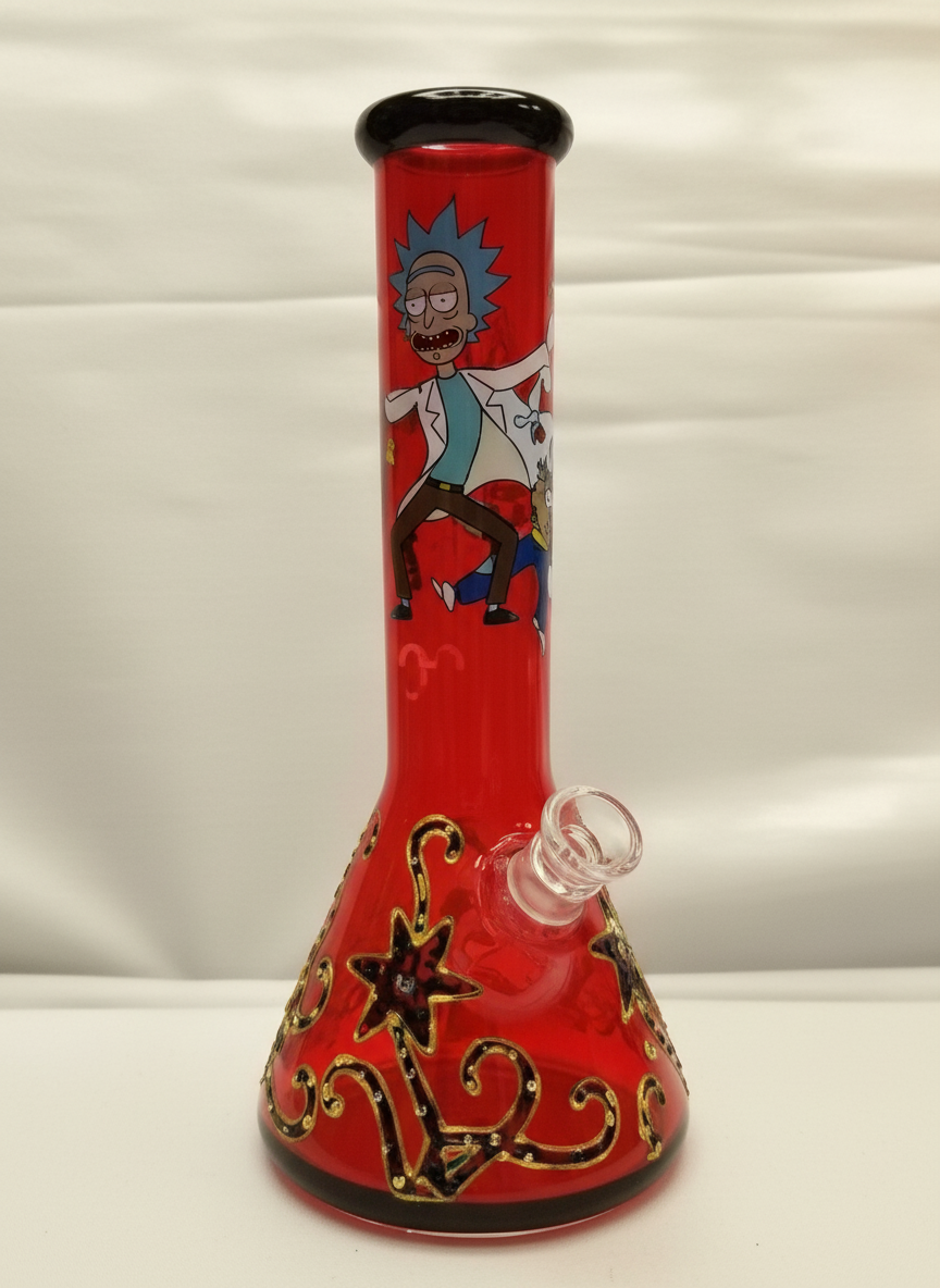 BEAKER BONG - RED SWIRLING PATTERN WITH RICK FIGURE - RED