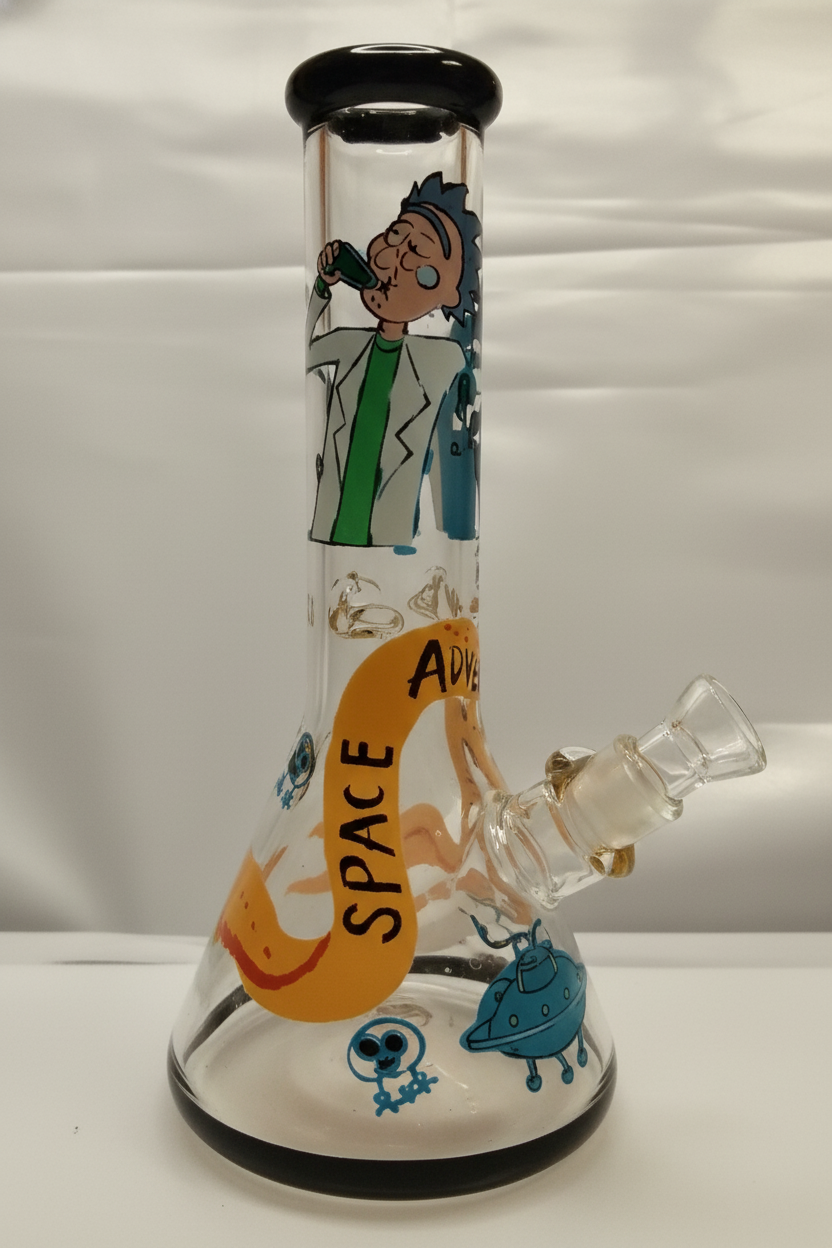 BEAKER BONG - CARTOON SCIENTIST WITH YELLOW BANNER AND BLUE CREATURES - YELLOW