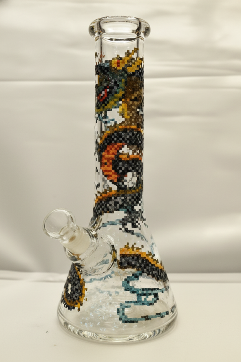 BEAKER BONG - CHINESE DRAGON PATTERN WITH RED AND BLUE SCALES - RED