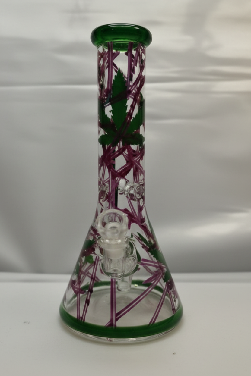 BEAKER BONG - WEED LEAVES WITH PURPLE VINES - PURPLE