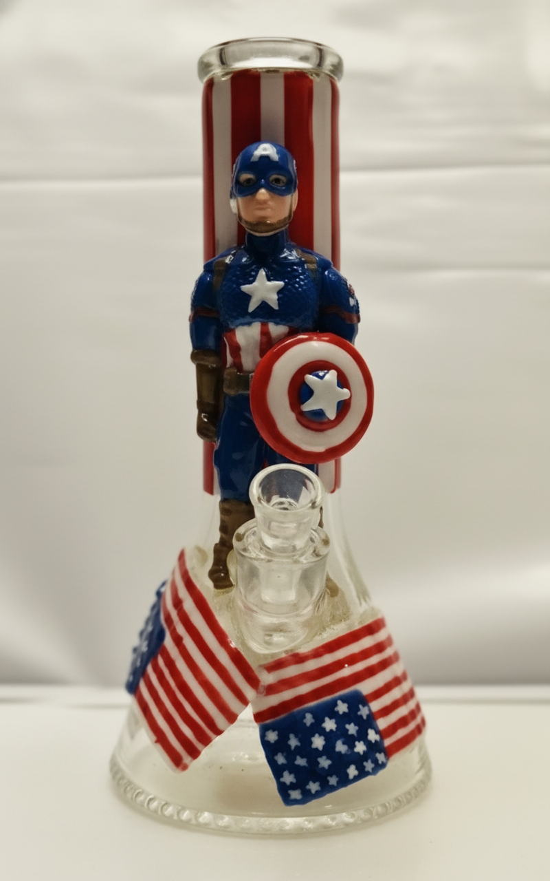 BEAKER BONG - CAPTAIN AMERICA WITH SHIELD AND FLAGS - RED