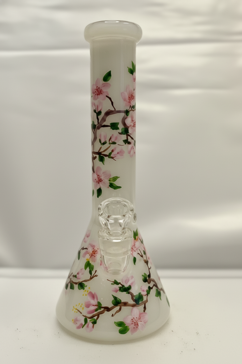 BEAKER BONG - CHERRY BLOSSOM DESIGN - WHITE