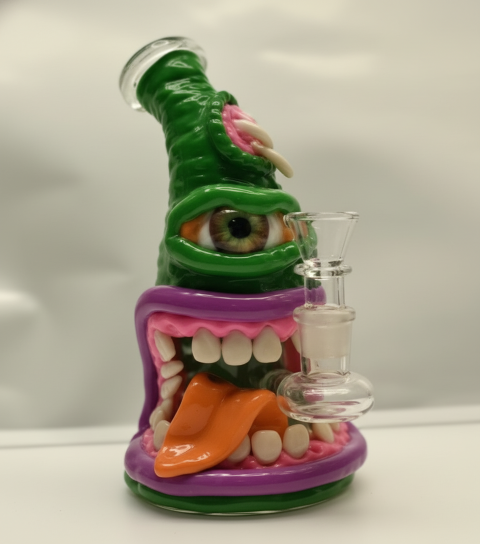 BUBBLER BONG - MONSTER WITH EYE AND ORANGE TONGUE - GREEN
