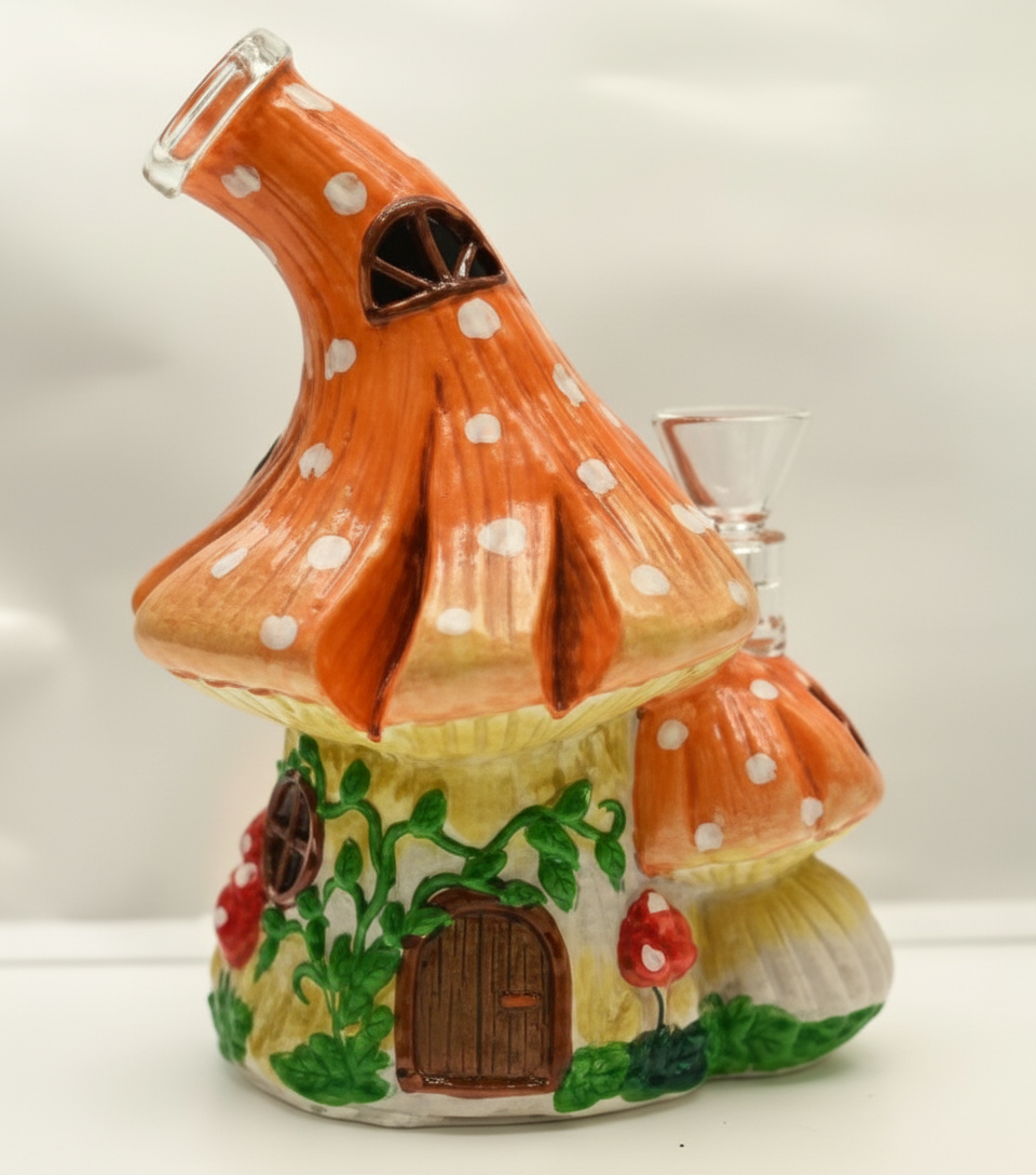 BUBBLER BONG - MUSHROOM HOUSE WITH VINES - ORANGE