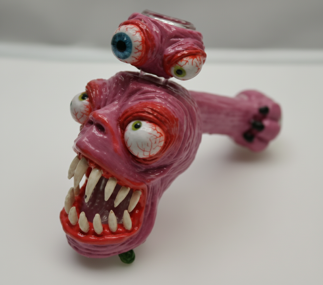 BUBBLER PIPE - THREE EYED MONSTER OPEN MOUTH - PINK