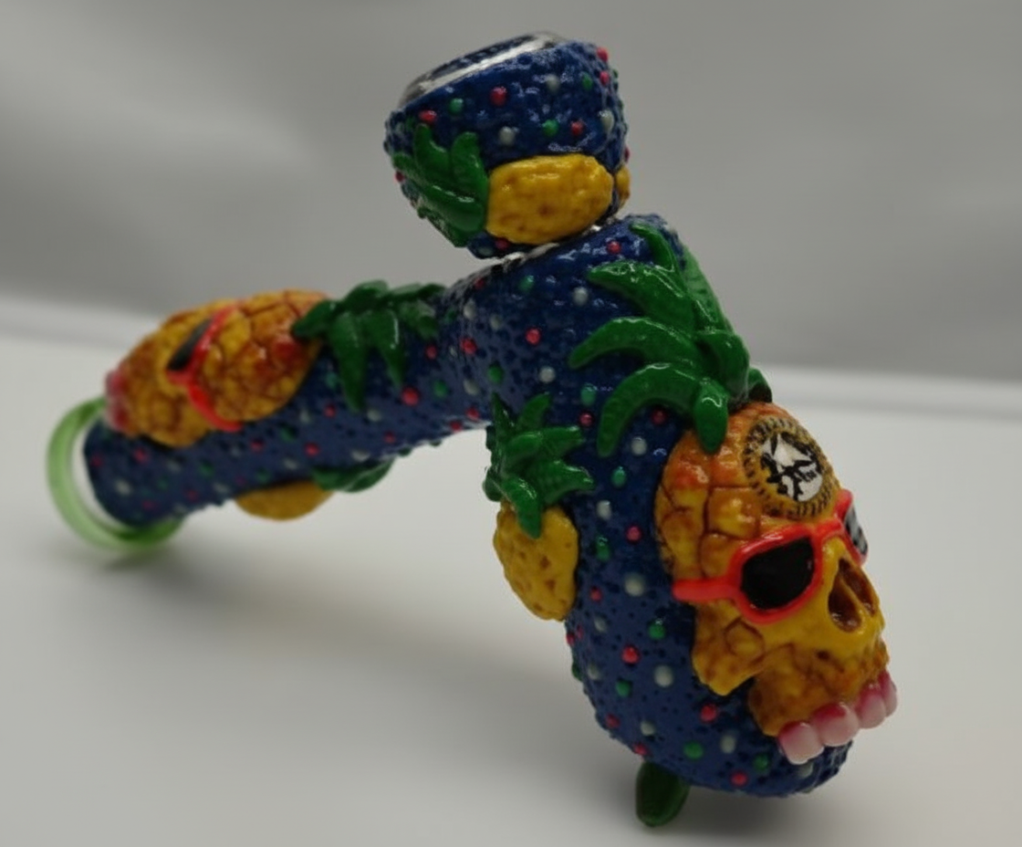 BUBBLER PIPE - PINEAPPLE SKULL - BLUE