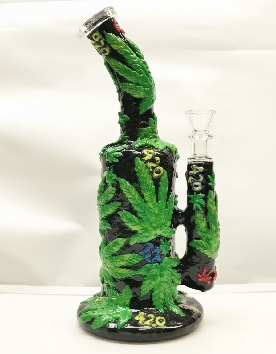 STRAIGHT BONG - 420 WEED LEAVES - BLACK