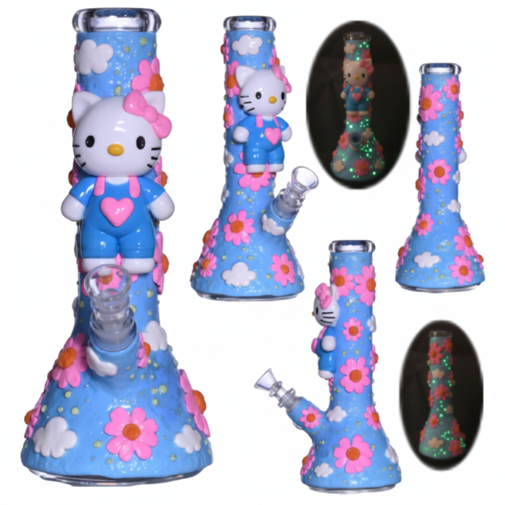 Beaker Bong - Hello Kitty & Flowers - BLUE