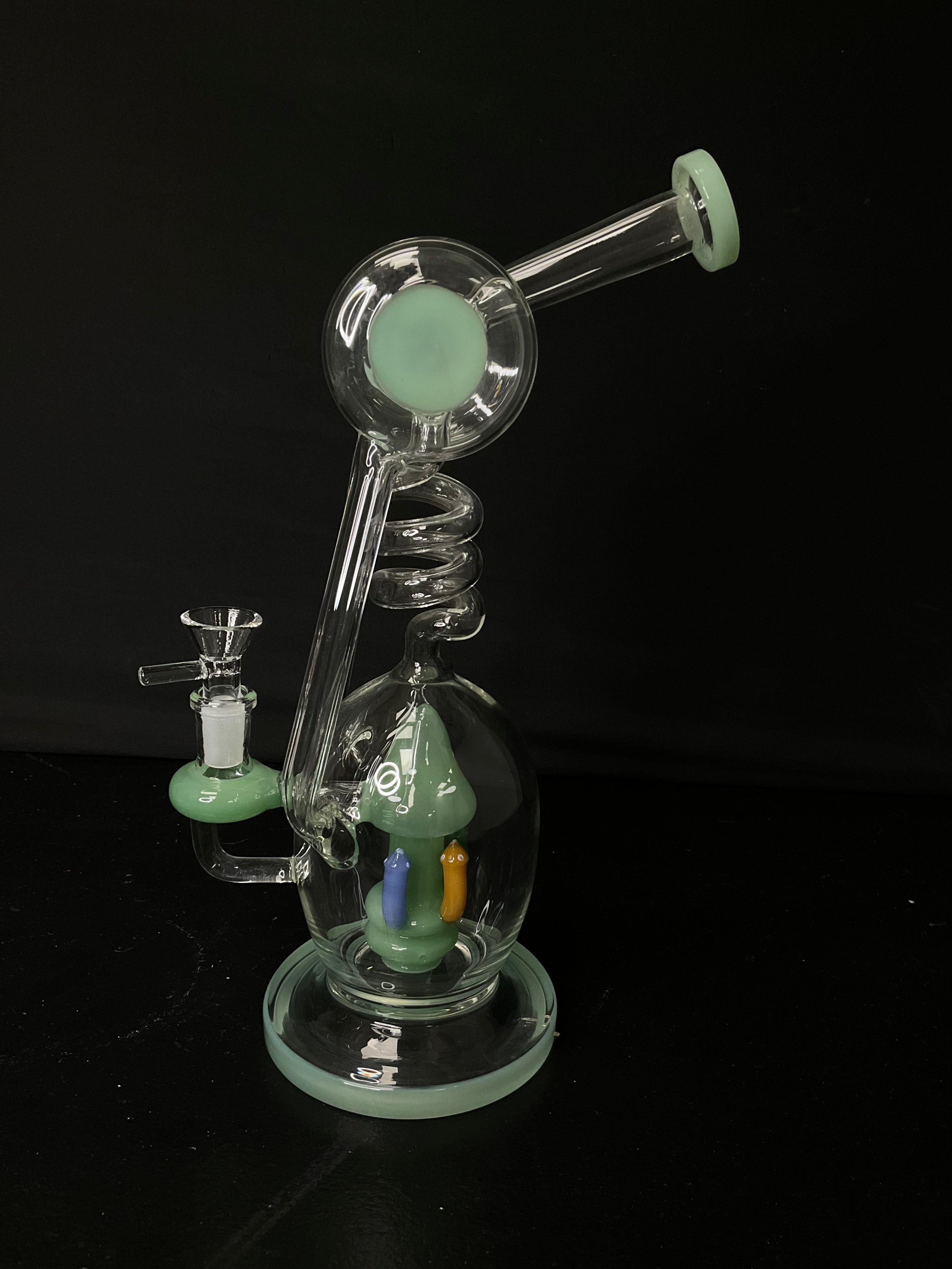 STRAIGHT BONG - 11.5" DOUBLE UPTAKE RECYCLER WITH MUSHROOM CLUSTER - GREEN