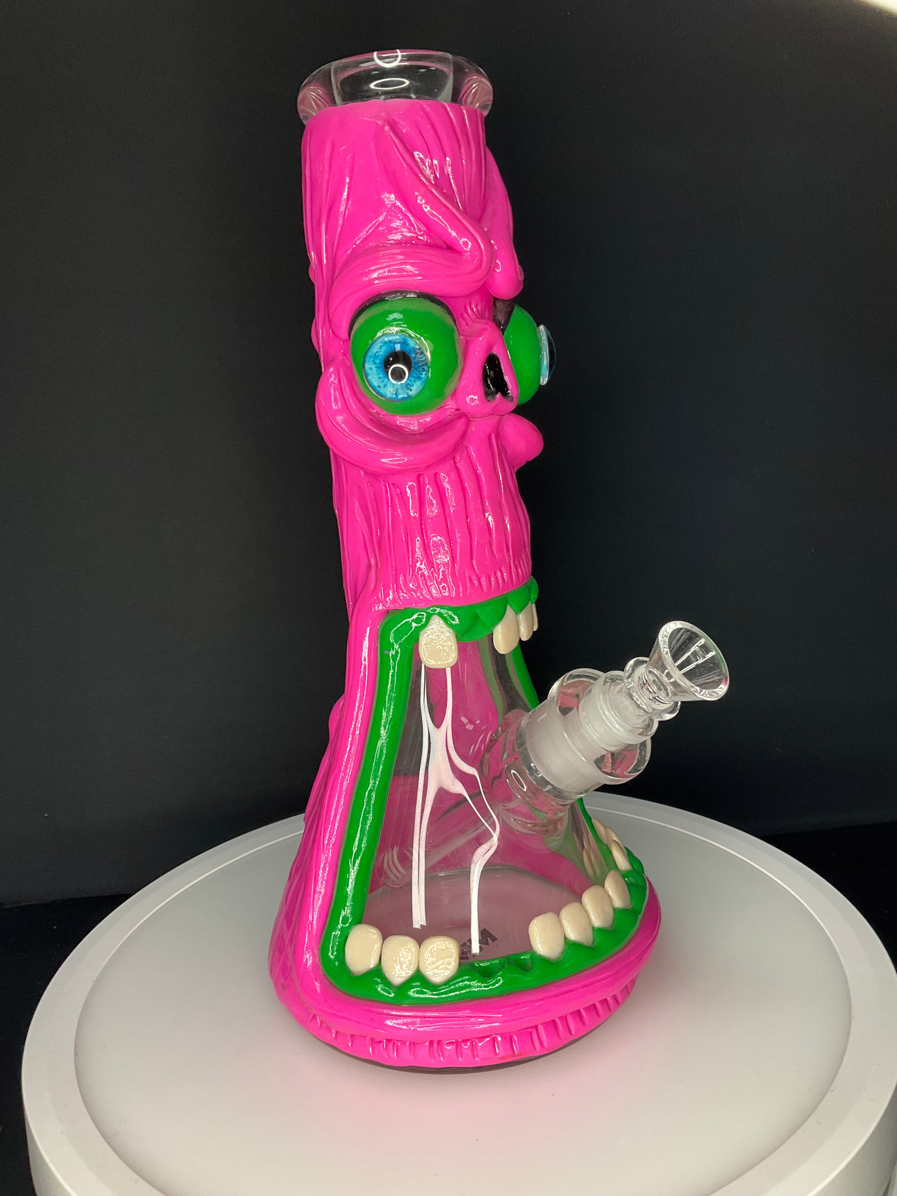 BEAKER BONG – Pink monster with big green eyes and open green mouth – PINK