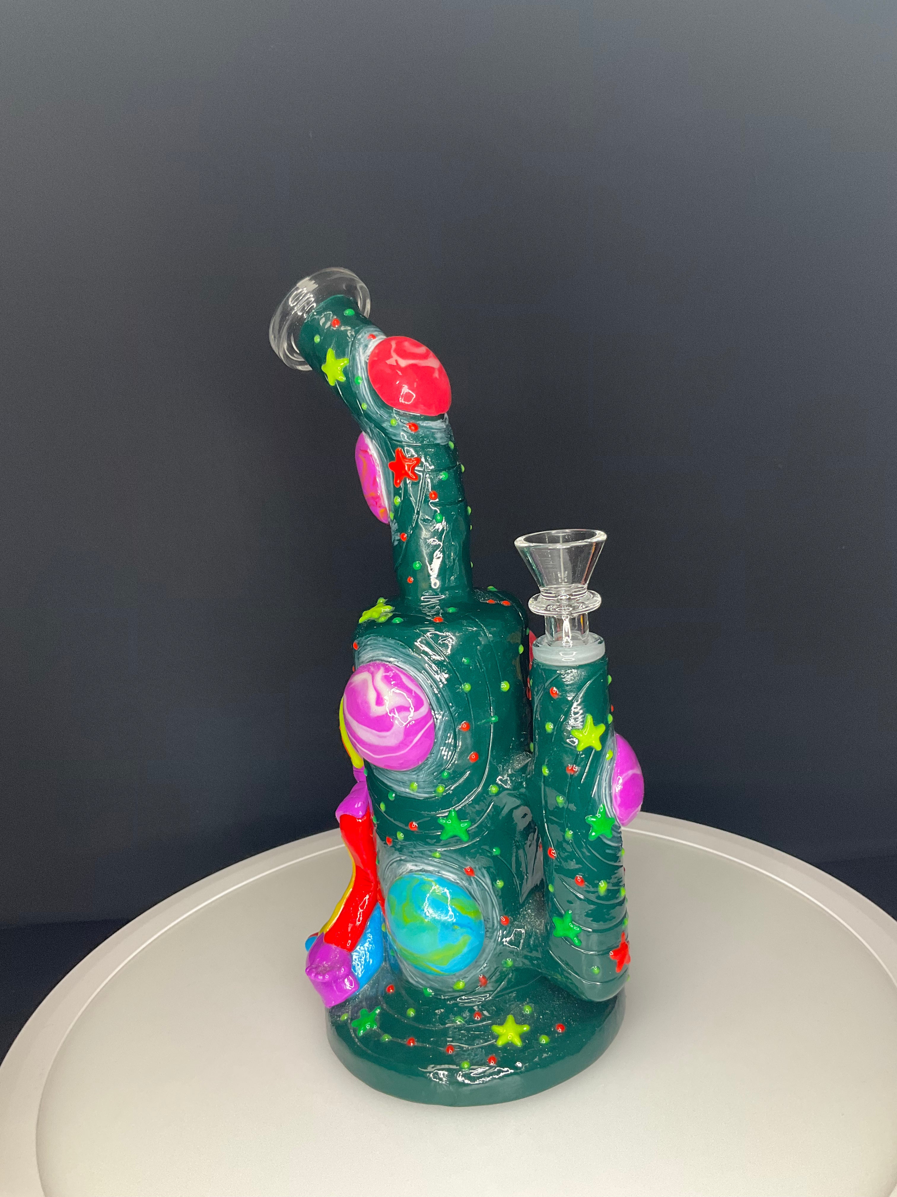 STRAIGHT BONG - Curved neck GITD planets with zen alien - DARK GREEN